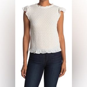 Adrianna Papell Smocked Ruffle Short Sleeve Crewneck Ivory Blouse Like New S